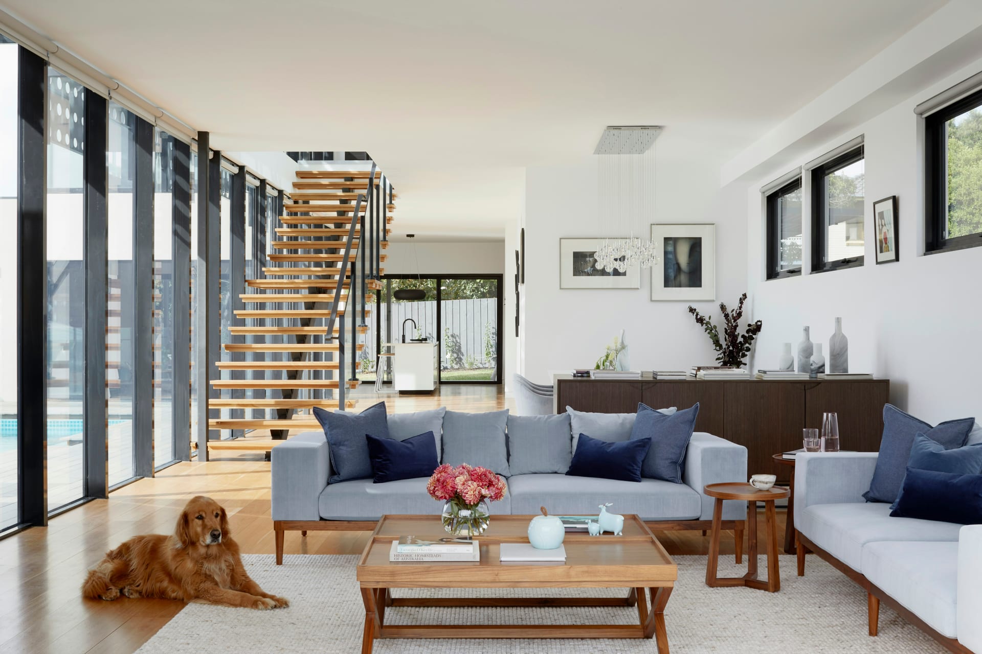 A warm, tidy family living room with clear surfaces and a dog resting on the rug