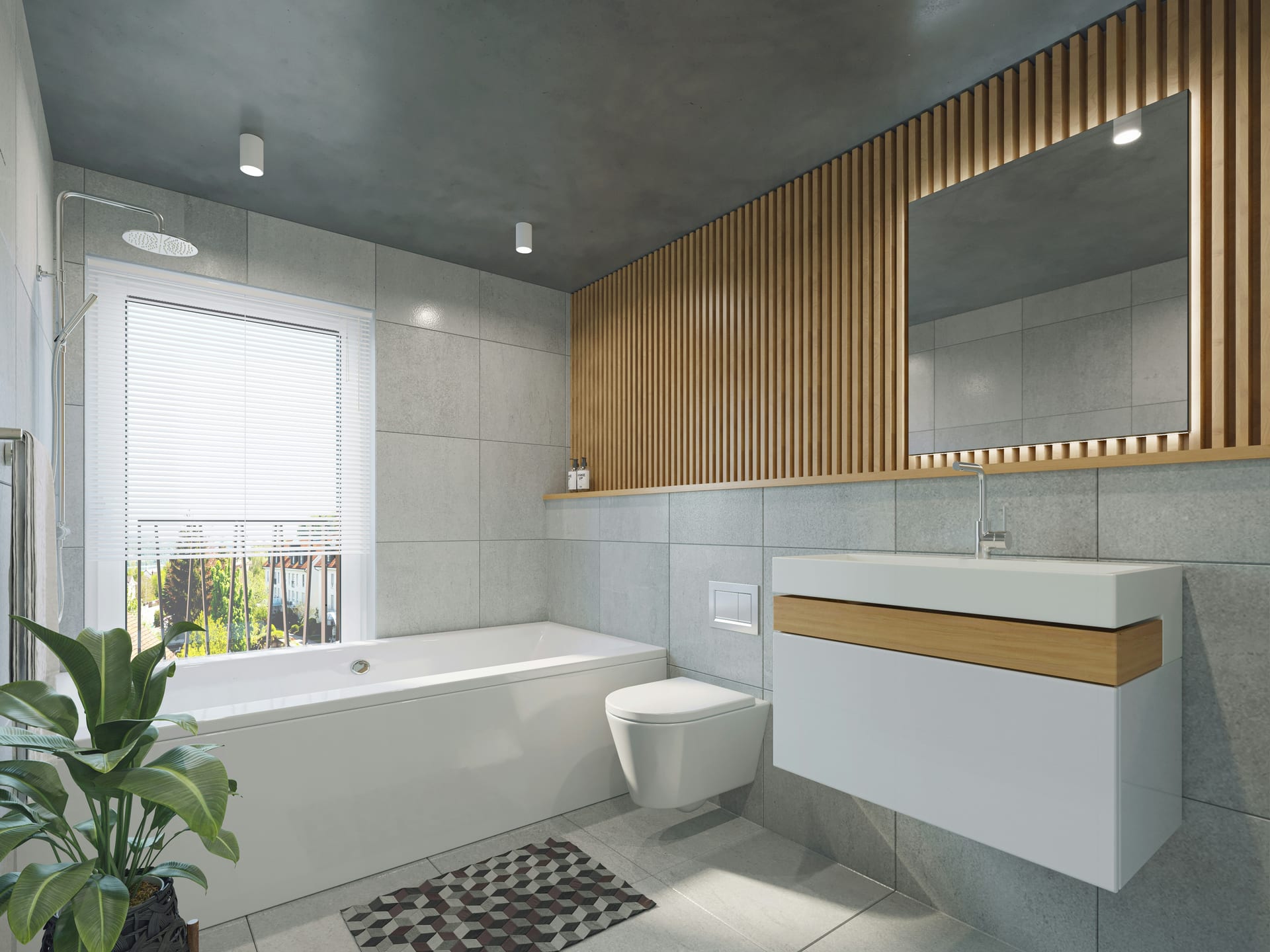 A deep-cleaned bathroom with a spotless bath, tiling and timber detailing
