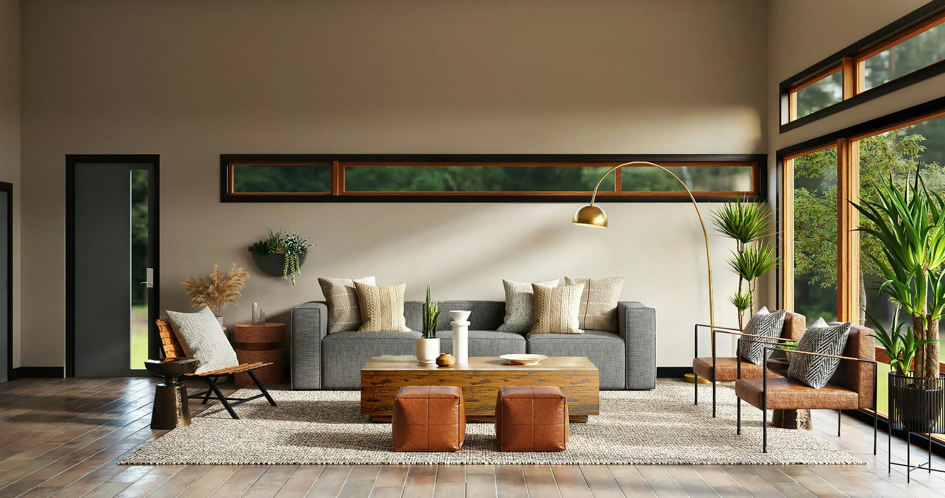 A large open-plan living space, freshly cleaned, with clear surfaces and natural light