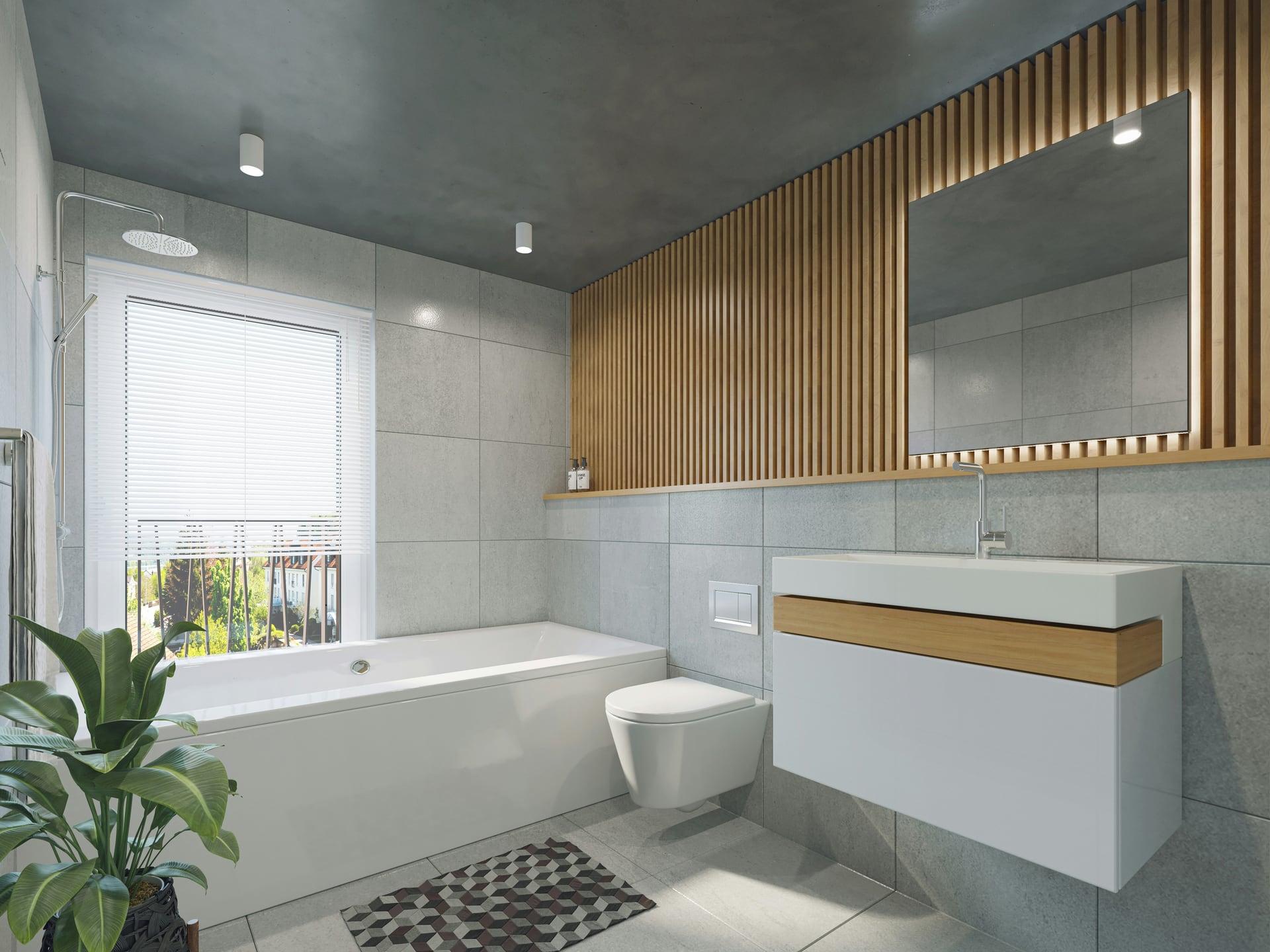 A deep-cleaned bathroom with a spotless bath, tiling and timber detailing